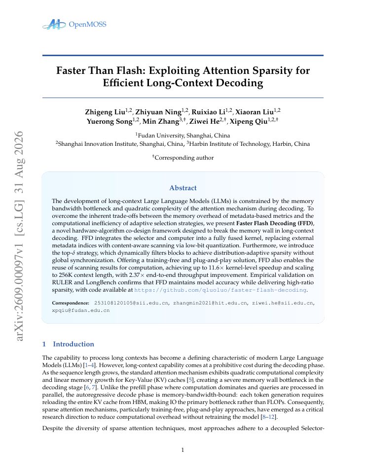 First page of Faster Than Flash: Exploiting Attention Sparsity for Efficient Long-Context Decoding