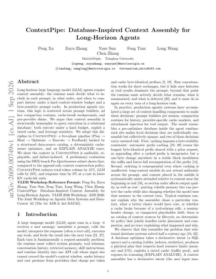 First page of ContextPipe: Database-Inspired Context Assembly for Long-Horizon Agents