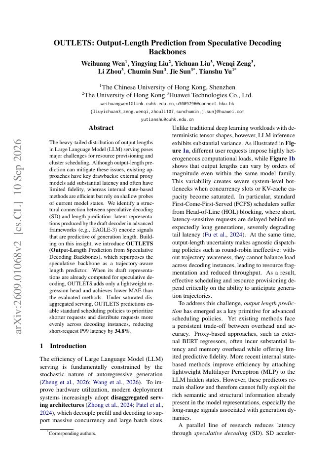 First page of OUTLETS: Output-Length Prediction from Speculative Decoding Backbones