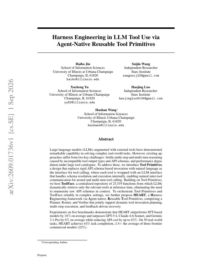 First page of Harness Engineering in LLM Tool Use via Agent-Native Reusable Tool Primitives