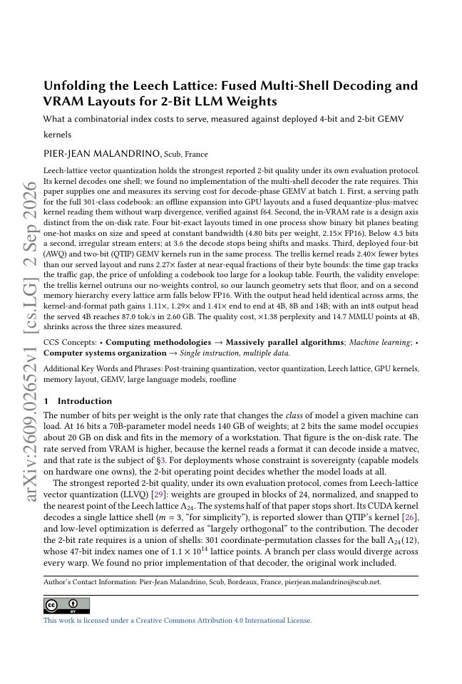 First page of Unfolding the Leech Lattice: Fused Multi-Shell Decoding and VRAM Layouts for 2-Bit LLM Weights