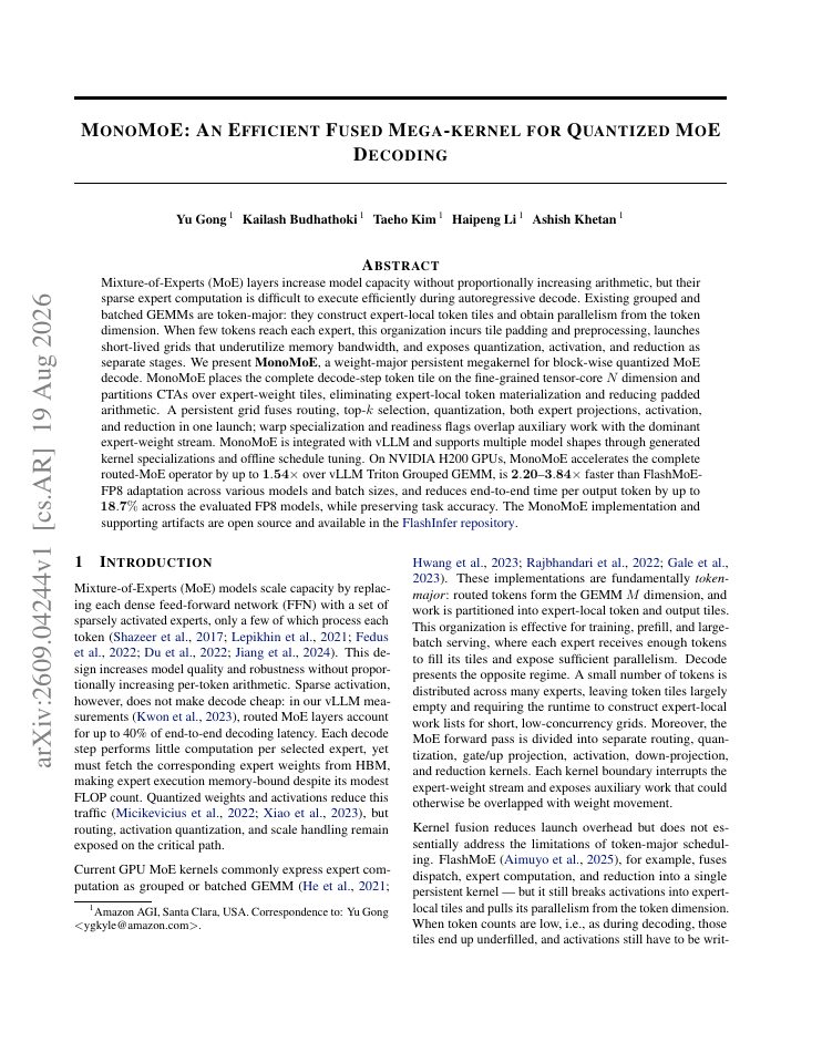 First page of MonoMoE: An Efficient Fused Mega-kernel for Quantized MoE Decoding