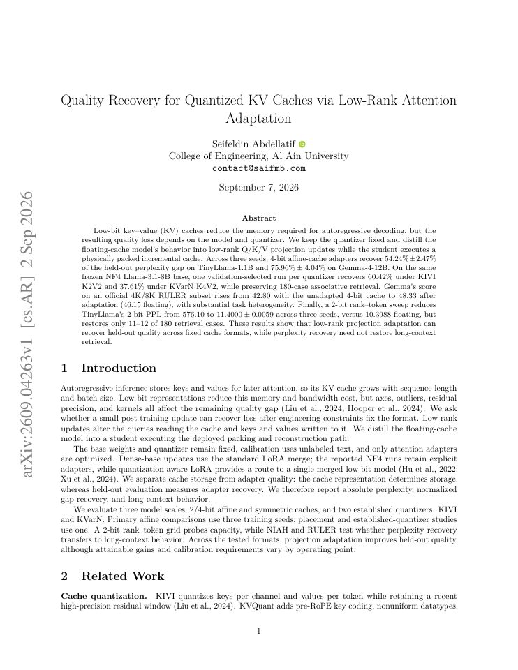First page of Quality Recovery for Quantized KV Caches via Low-Rank Attention Adaptation