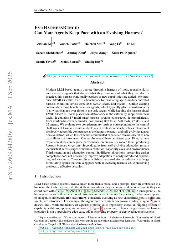 First page of EVOHARNESSBENCH: Can Your Agents Keep Pace with an Evolving Harness?