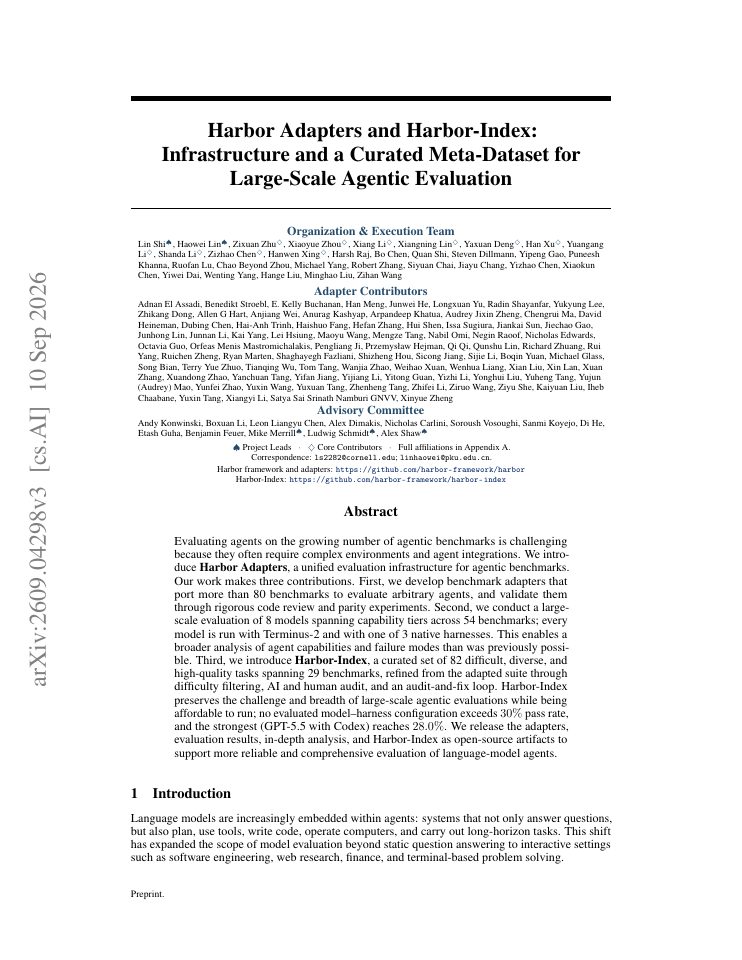First page of Harbor Adapters and Harbor-Index: Infrastructure and a Curated Meta-Dataset for Large-Scale Agentic Evaluation