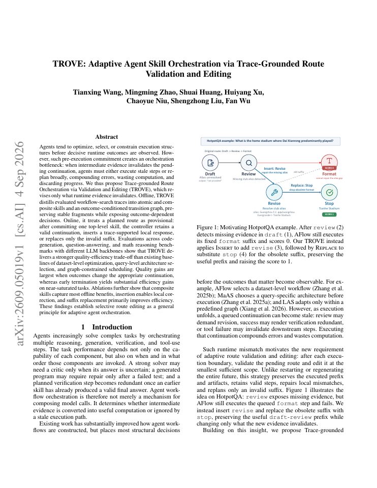 First page of TROVE: Adaptive Agent Skill Orchestration via Trace-Grounded Route Validation and Editing