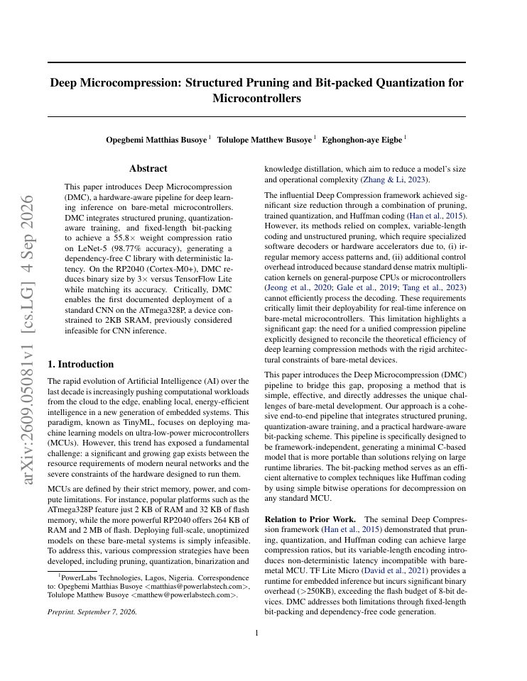First page of Deep Microcompression: Structured Pruning and Bit-packed Quantization for Microcontrollers