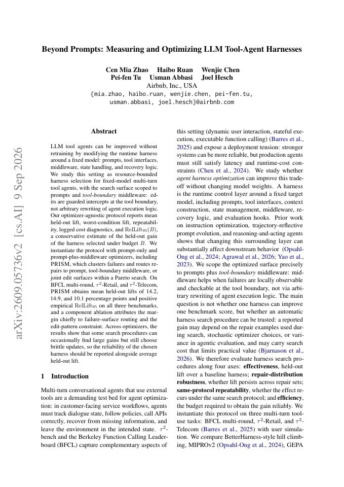 First page of Beyond Prompts: Measuring and Optimizing LLM Tool-Agent Harnesses