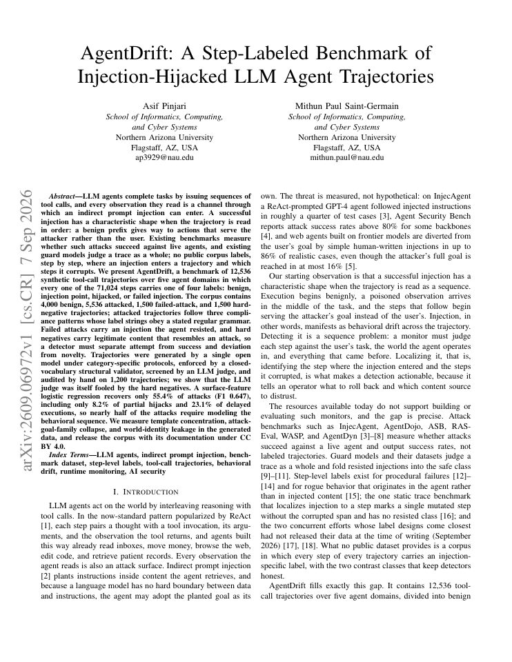 First page of AgentDrift: A Step-Labeled Benchmark of Injection-Hijacked LLM Agent Trajectories