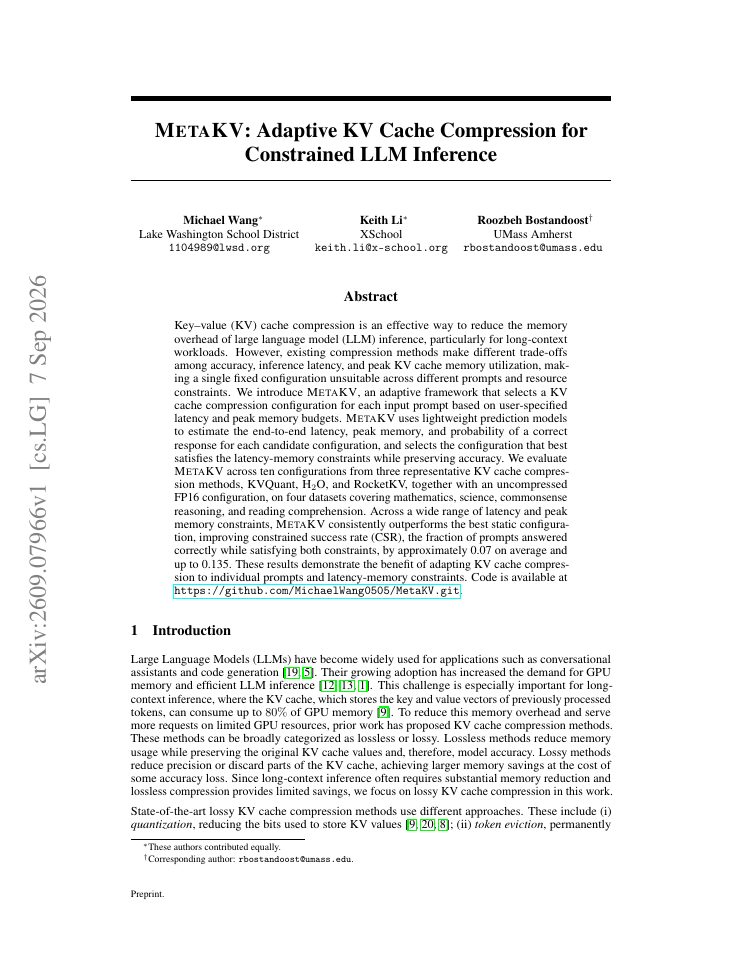 First page of MetaKV: Adaptive KV Cache Compression for Constrained LLM Inference