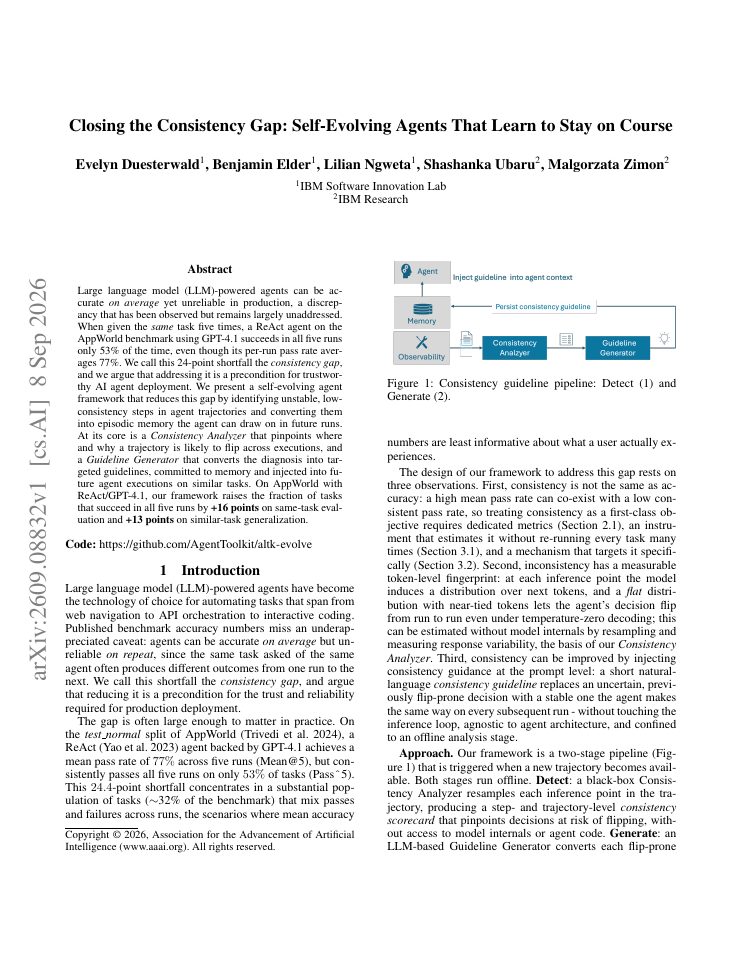 First page of Closing the Consistency Gap: Self-Evolving Agents That Learn to Stay on Course