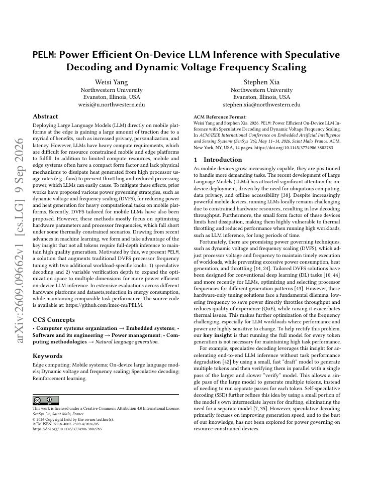 First page of PELM: Power Efficient On-Device LLM Inference with Speculative Decoding and Dynamic Voltage Frequency Scaling