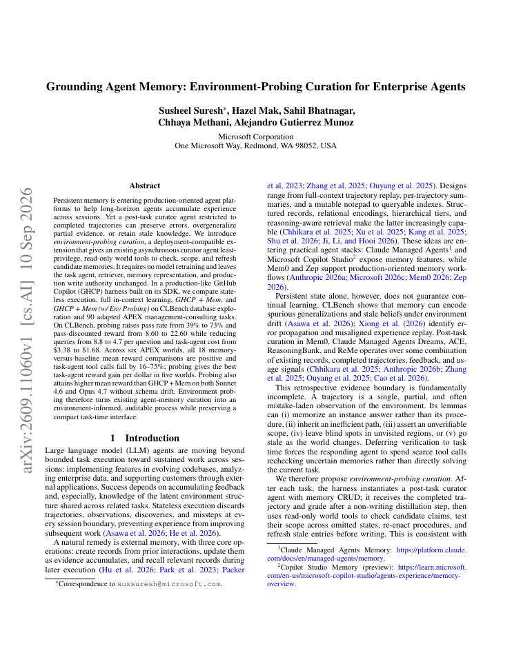 First page of Grounding Agent Memory: Environment-Probing Curation for Enterprise Agents