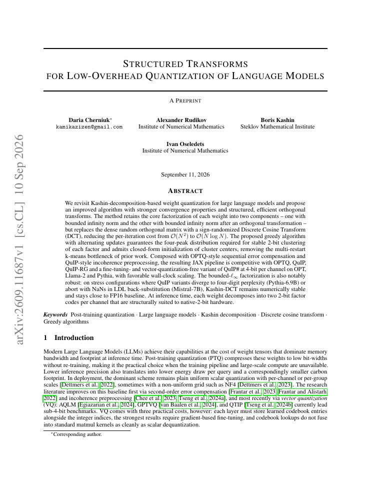 First page of Structured Transforms for Low-Overhead Quantization of Language Models