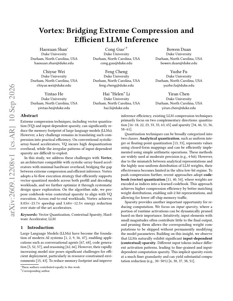 First page of Vortex: Bridging Extreme Compression and Efficient LLM Inference
