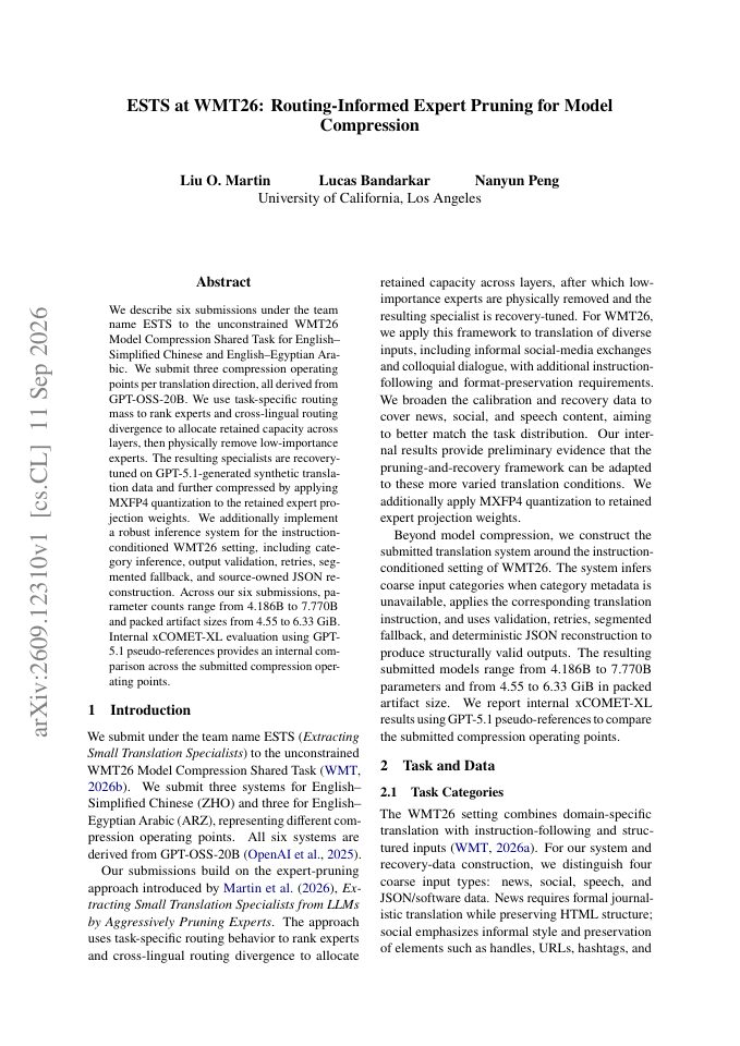 First page of ESTS at WMT26: Routing-Informed Expert Pruning for Model Compression