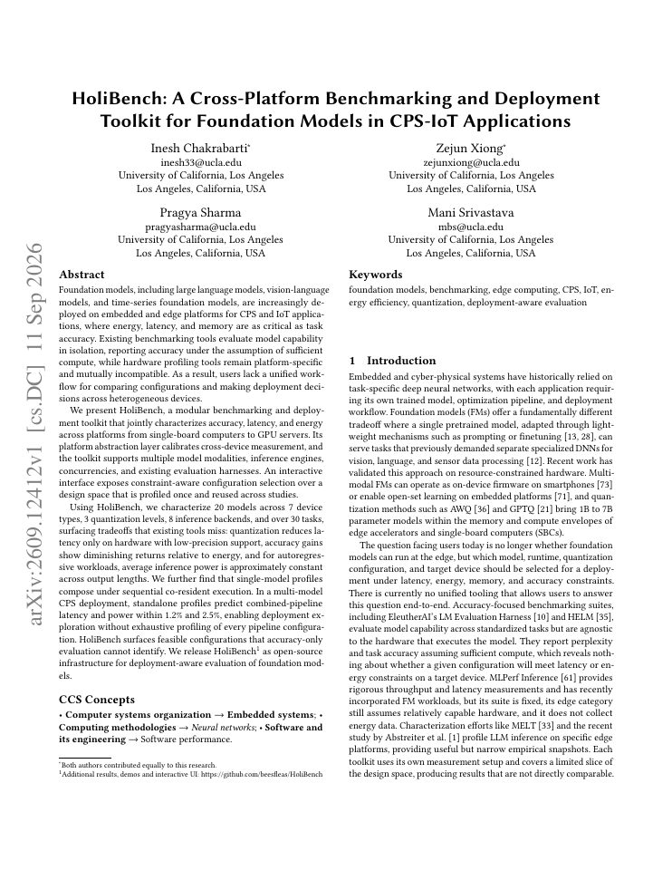 First page of HoliBench: A Cross-Platform Benchmarking and Deployment Toolkit for Foundation Models in CPS-IoT Applications
