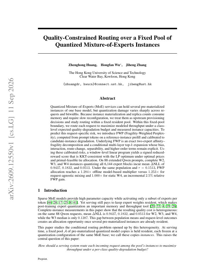 First page of Quality-Constrained Routing over a Fixed Pool of Quantized Mixture-of-Experts Instances