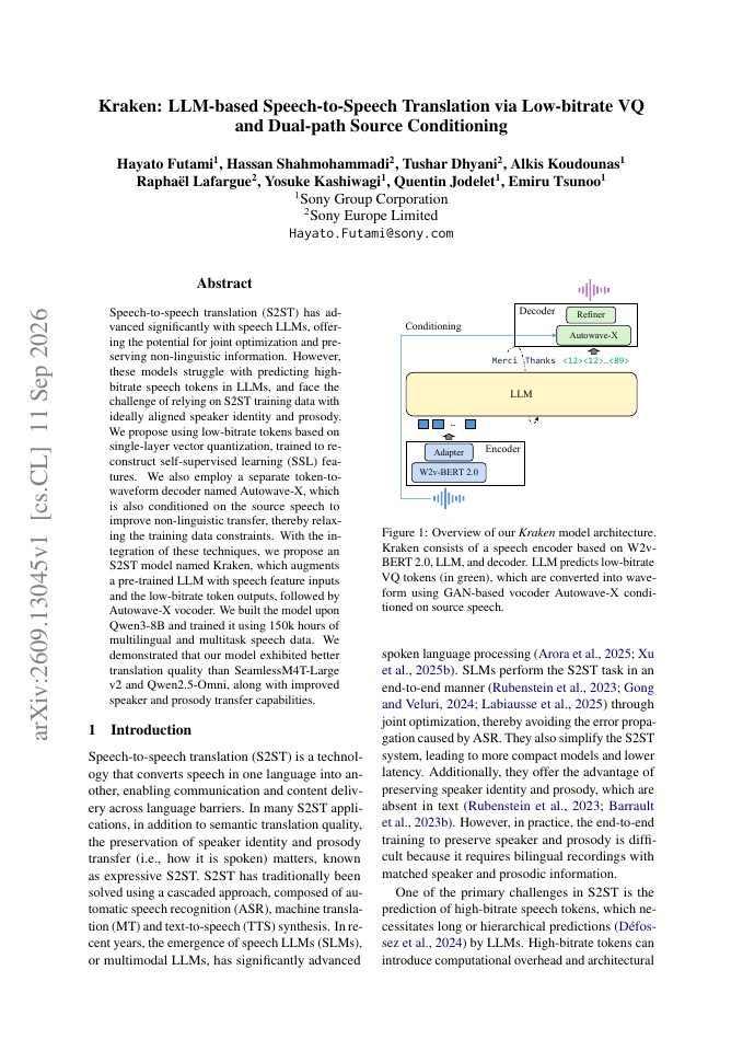 First page of Kraken: LLM-based Speech-to-Speech Translation via Low-bitrate VQ and Dual-path Source Conditioning