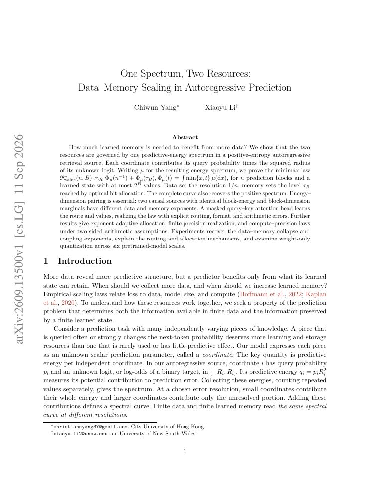 First page of One Spectrum, Two Resources: Data-Memory Scaling in Autoregressive Prediction