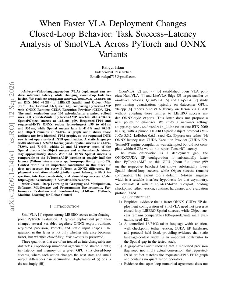 First page of When Faster VLA Deployment Changes Closed-Loop Behavior: Task Success-Latency Analysis of SmolVLA Across PyTorch and ONNX Variants