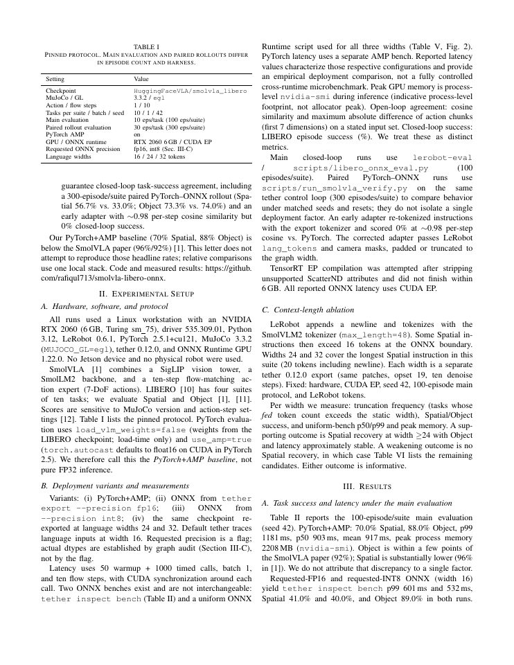 Page 2 of When Faster VLA Deployment Changes Closed-Loop Behavior: Task Success-Latency Analysis of SmolVLA Across PyTorch and ONNX Variants