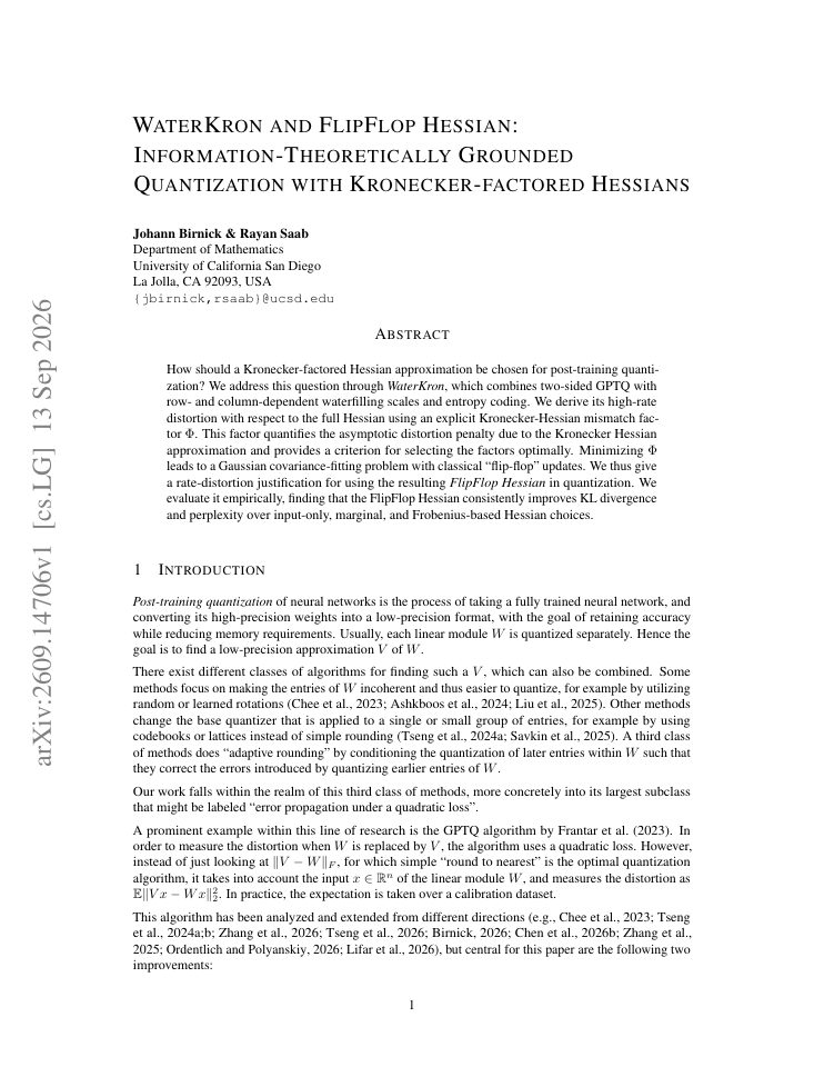 First page of WaterKron and FlipFlop Hessian: Information-Theoretically Grounded Quantization with Kronecker-factored Hessians