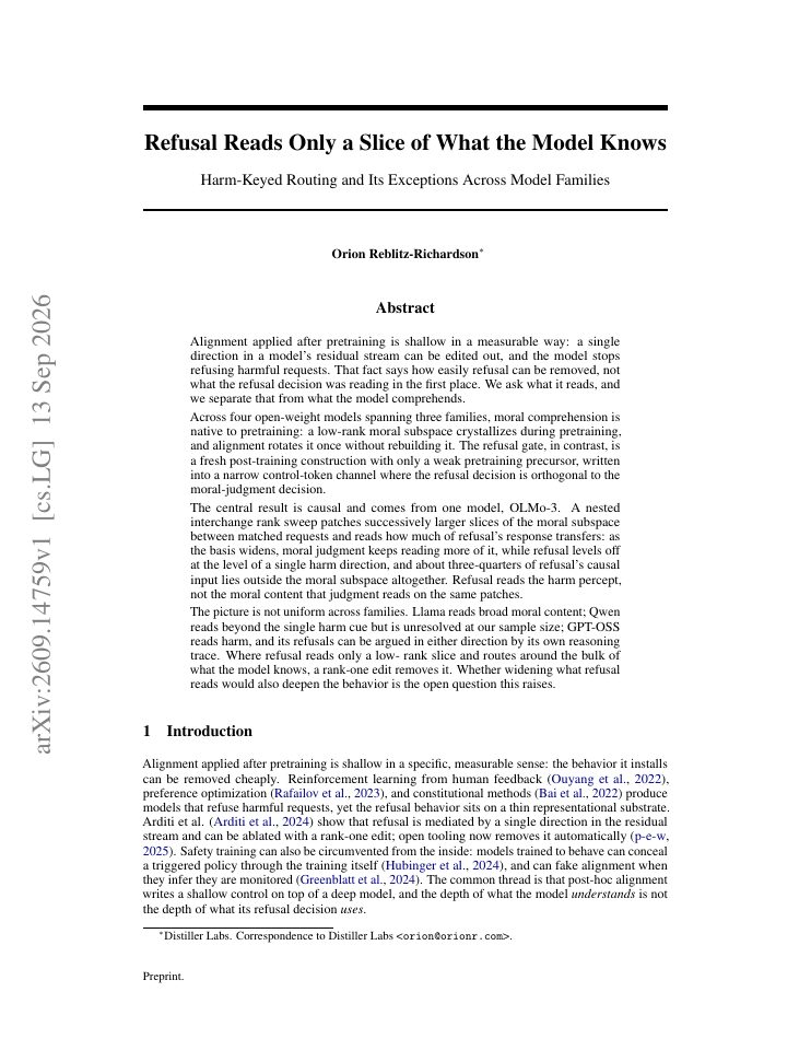First page of Refusal Reads Only a Slice of What the Model Knows: Harm-Keyed Routing and Its Exceptions Across Model Families