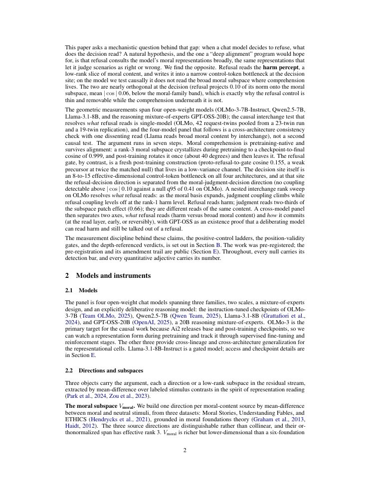 Page 2 of Refusal Reads Only a Slice of What the Model Knows: Harm-Keyed Routing and Its Exceptions Across Model Families