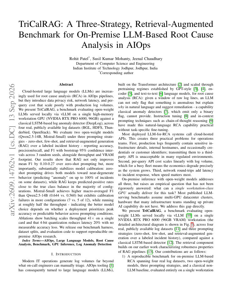 First page of TriCalRAG: A Three-Strategy, Retrieval-Augmented Benchmark for On-Premise LLM-Based Root Cause Analysis in AIOps