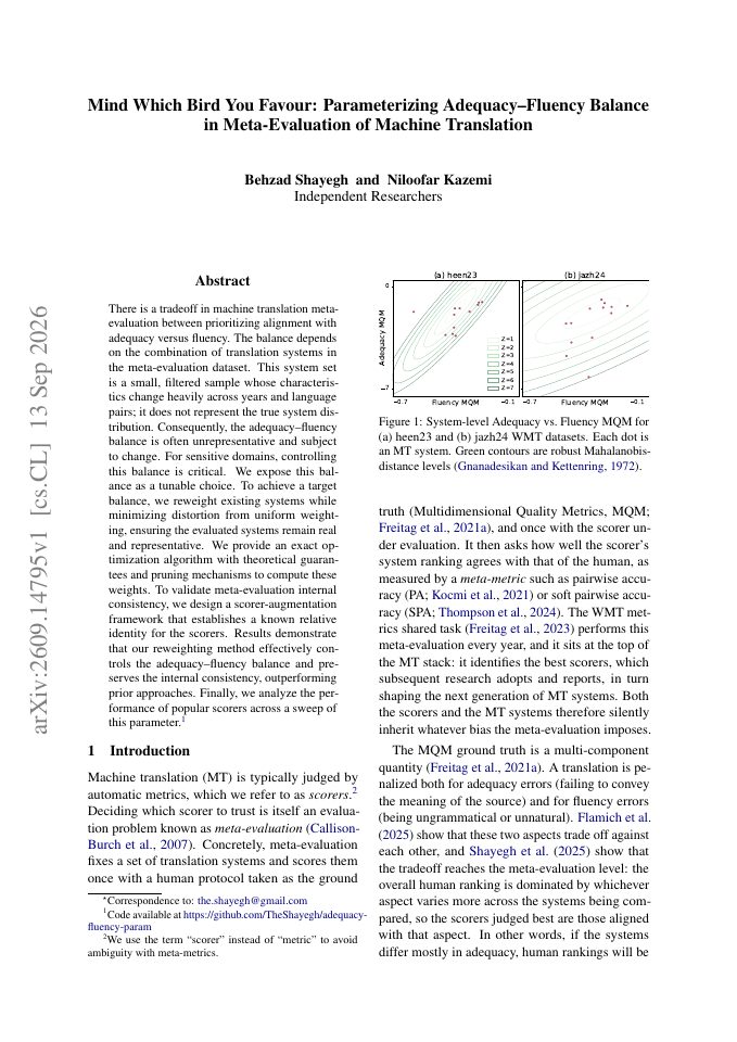 First page of Mind Which Bird You Favour: Parameterizing Adequacy-Fluency Balance in Meta-Evaluation of Machine Translation