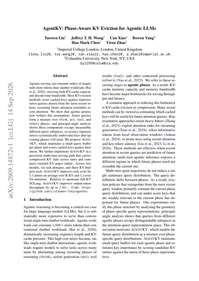 First page of AgentKV: Phase-Aware KV Eviction for Agentic LLMs