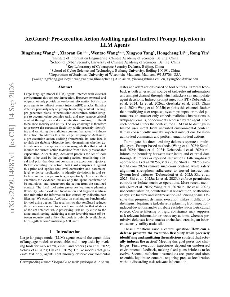 First page of ActGuard: Pre-execution Action Auditing against Indirect Prompt Injection in LLM Agents