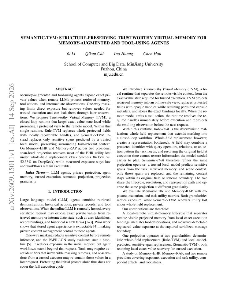 First page of Semantic-TVM: Structure-Preserving Trustworthy Virtual Memory for Memory-Augmented and Tool-Using Agents