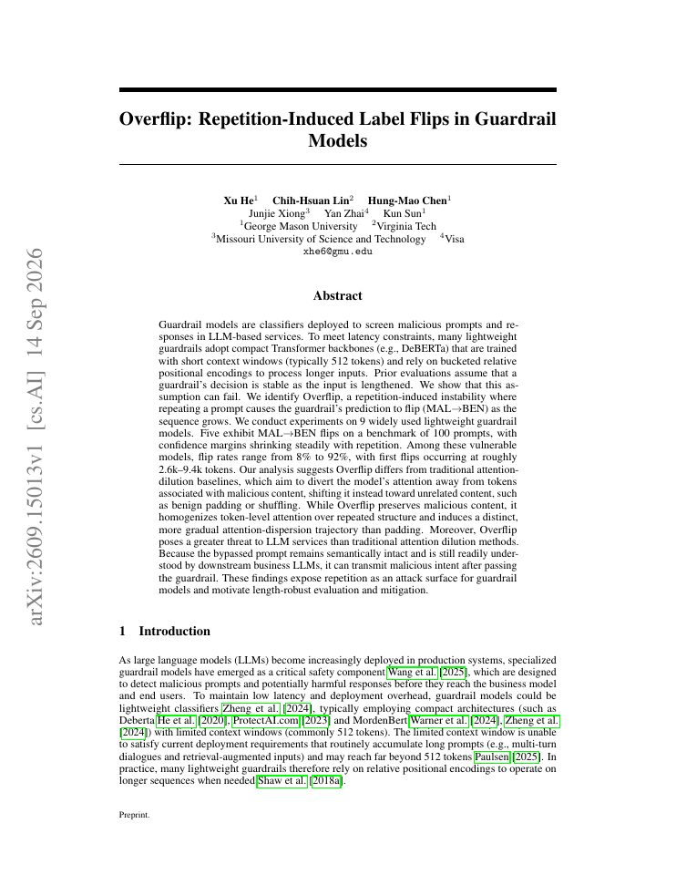 First page of Overflip: Repetition-Induced Label Flips in Guardrail Models
