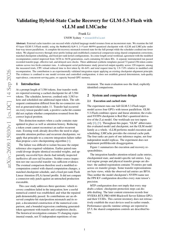 First page of Validating Hybrid-State Cache Recovery for GLM-5.3-Flash with vLLM and LMCache