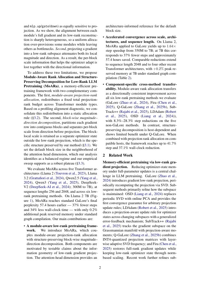 Page 2 of MoARa: Module-Aware Rank Allocation and Structure-Preserving Decomposition for Low-Rank LLM Pre-training