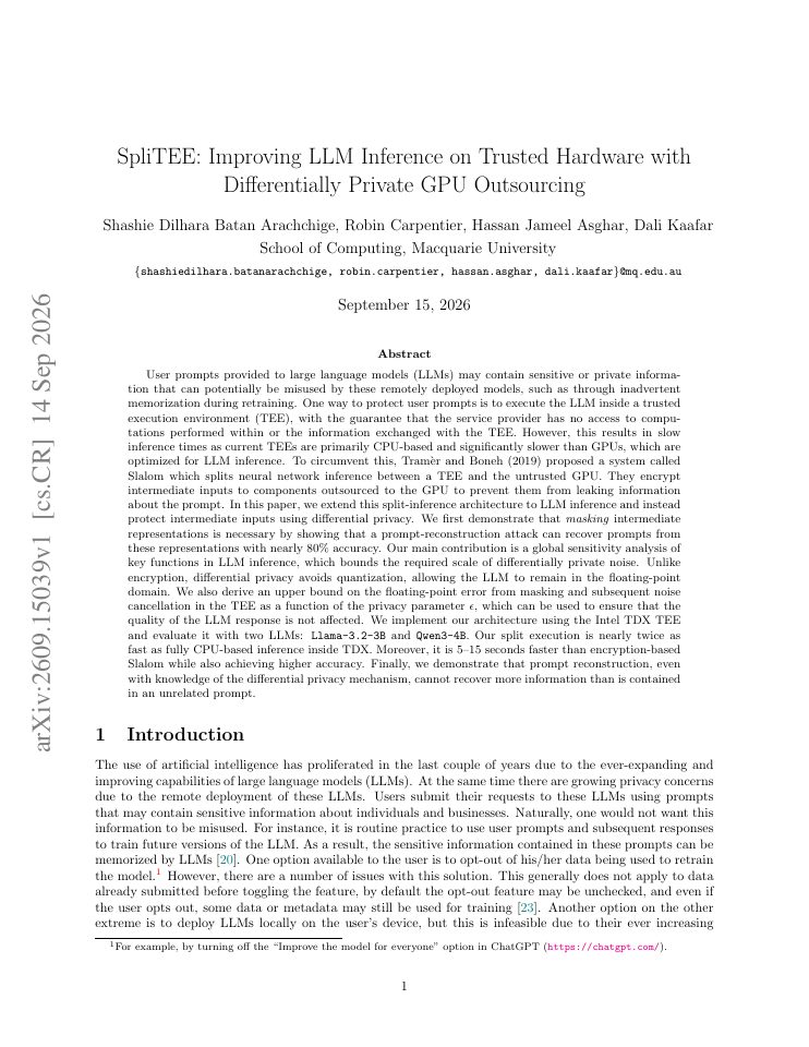 First page of SpliTEE: Improving LLM Inference on Trusted Hardware with Differentially Private GPU Outsourcing
