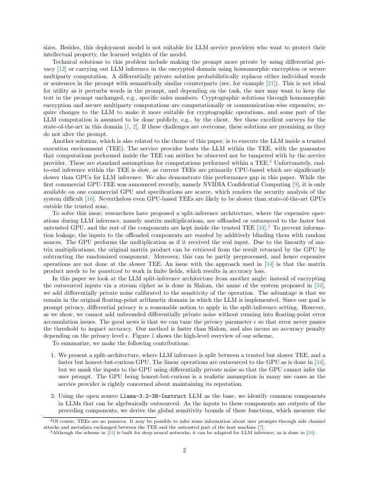 Page 2 of SpliTEE: Improving LLM Inference on Trusted Hardware with Differentially Private GPU Outsourcing