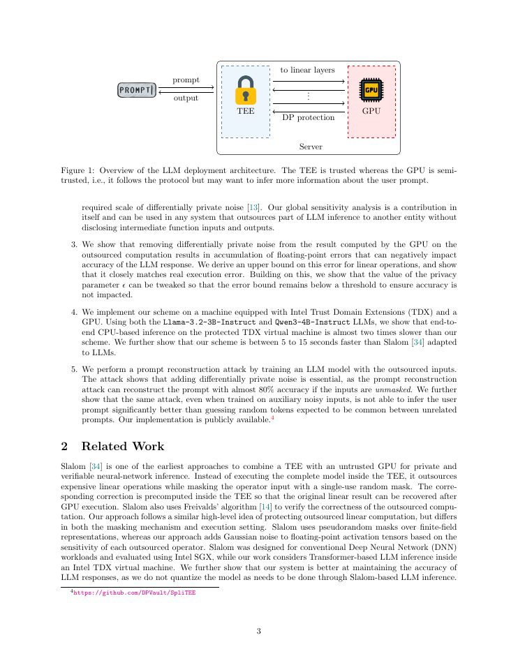 Page 3 of SpliTEE: Improving LLM Inference on Trusted Hardware with Differentially Private GPU Outsourcing