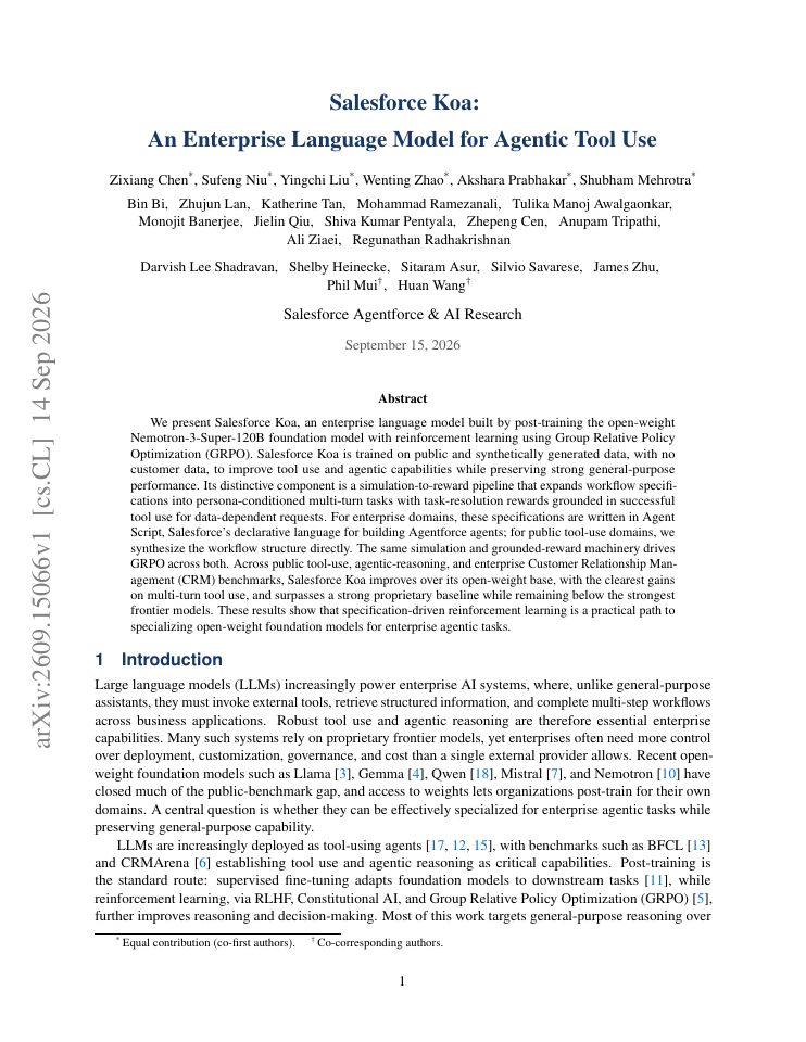First page of Salesforce Koa: An Enterprise Language Model for Agentic Tool Use