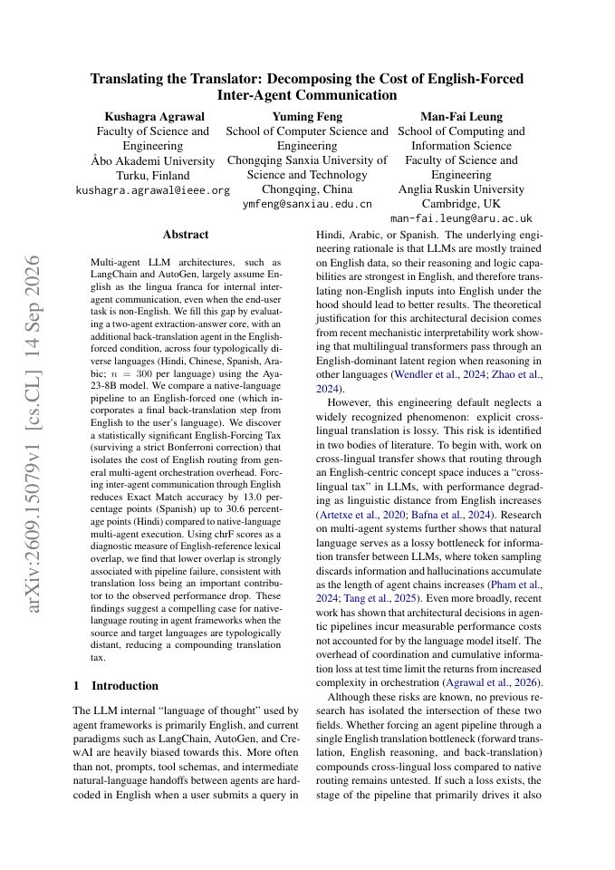 First page of Translating the Translator: Decomposing the Cost of English-Forced Inter-Agent Communication