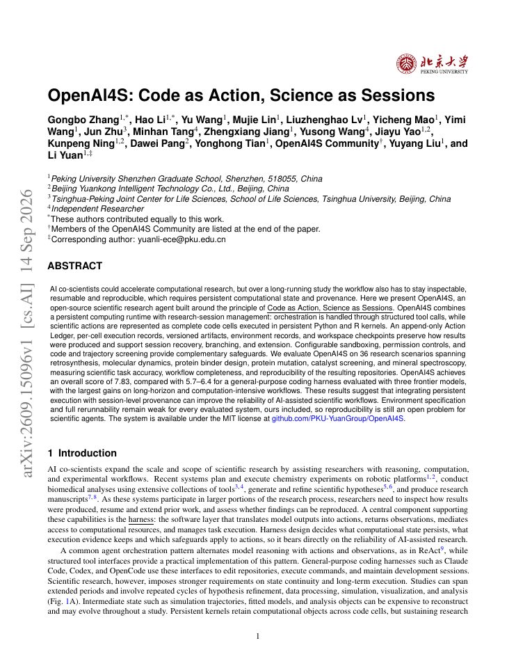 First page of OpenAI4S: Code as Action, Science as Sessions