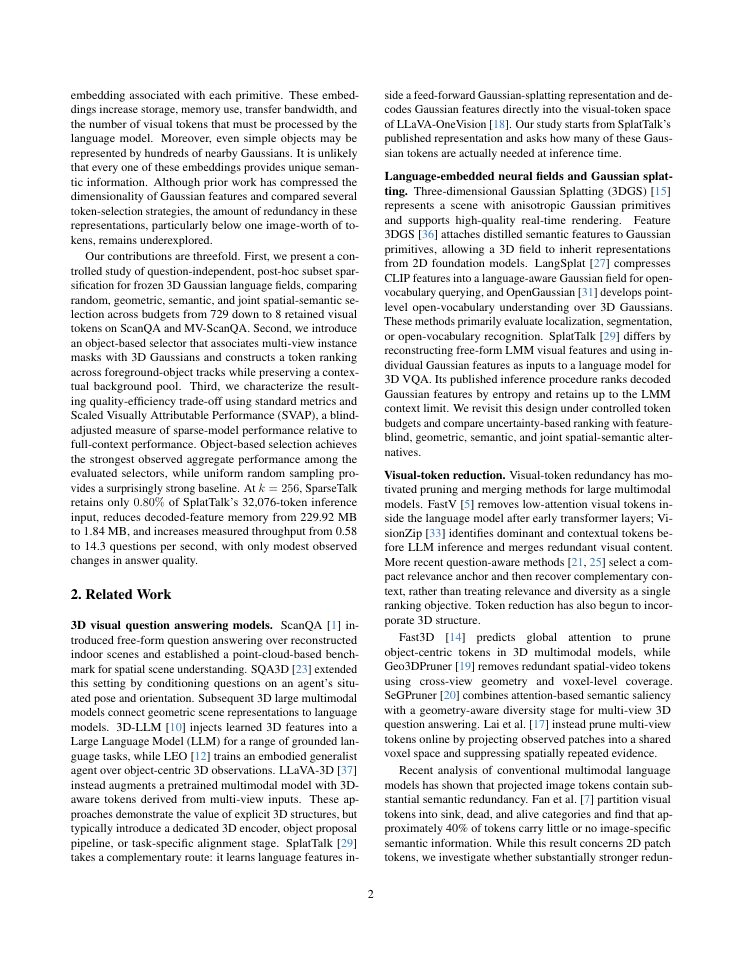 Page 2 of SparseTalk - Sparsifying 3D Gaussian Language Fields for Efficient 3D Visual Question Answering
