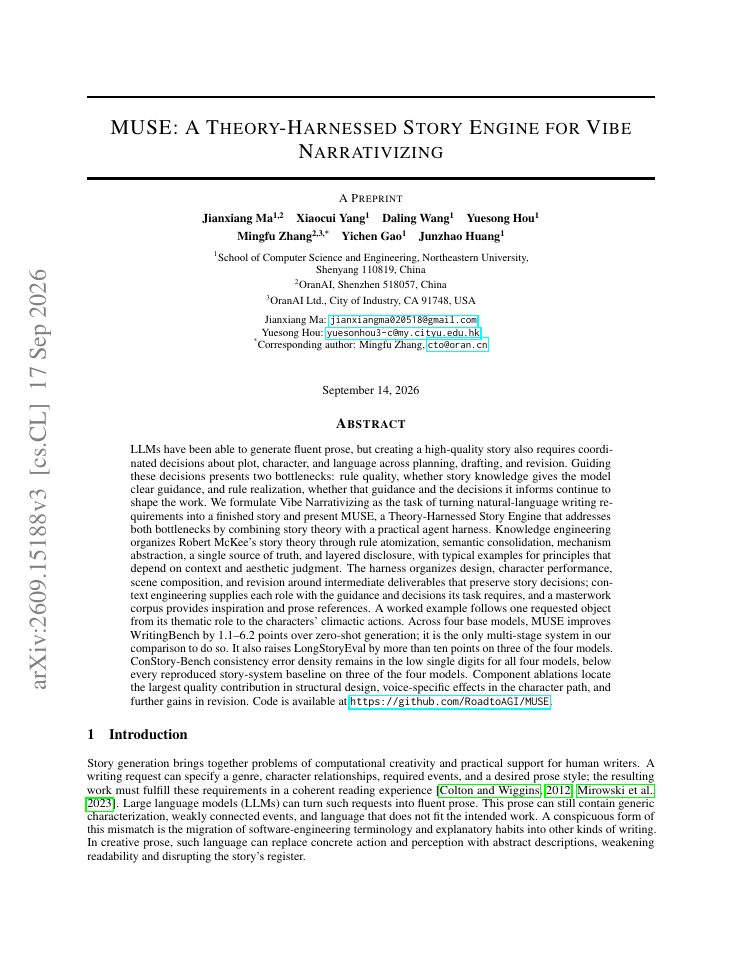 First page of MUSE: A Theory-Harnessed Story Engine for Vibe Narrativizing
