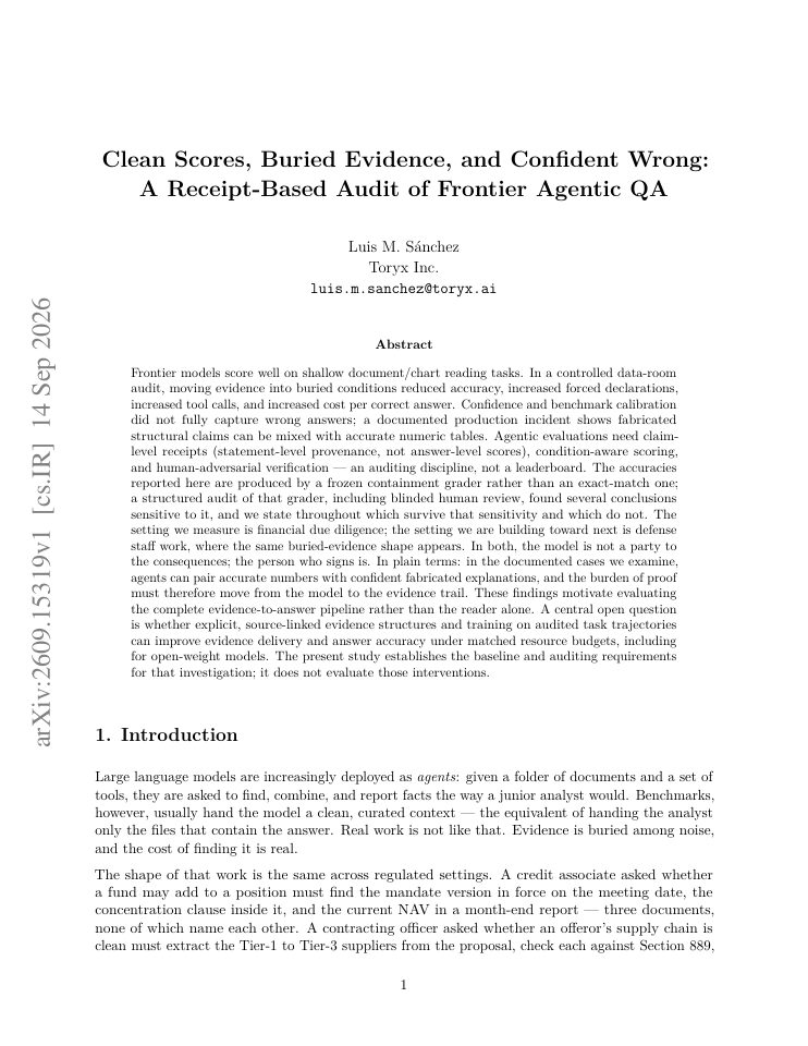 First page of Clean Scores, Buried Evidence, and Confident Wrong: A Receipt-Based Audit of Frontier Agentic QA