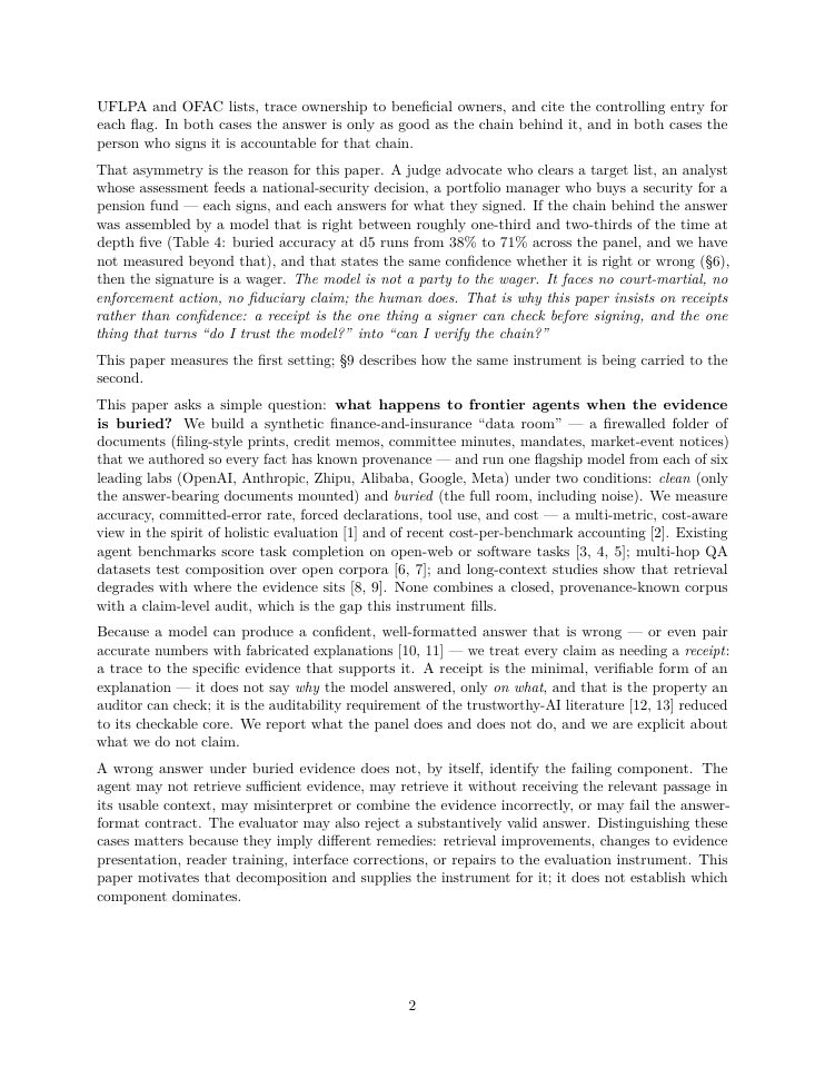Page 2 of Clean Scores, Buried Evidence, and Confident Wrong: A Receipt-Based Audit of Frontier Agentic QA