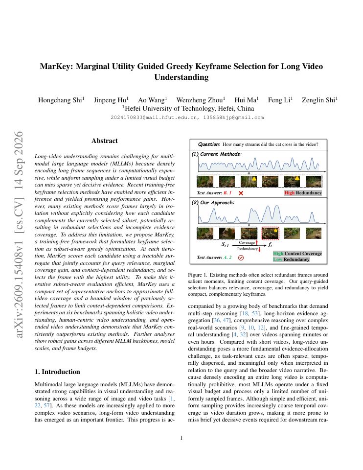 First page of MarKey: Marginal Utility Guided Greedy Keyframe Selection for Long Video Understanding