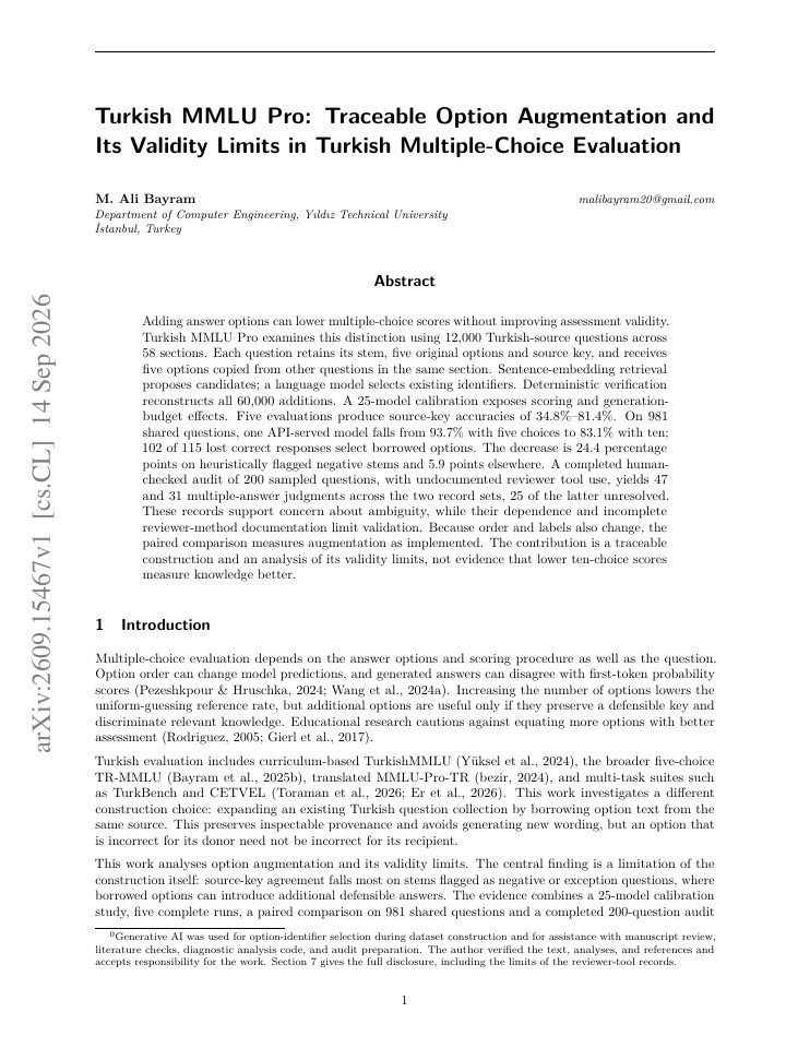 First page of Turkish MMLU Pro: Traceable Option Augmentation and Its Validity Limits in Turkish Multiple-Choice Evaluation