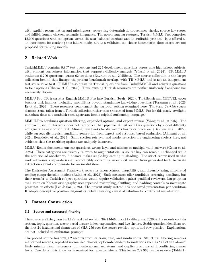 Page 2 of Turkish MMLU Pro: Traceable Option Augmentation and Its Validity Limits in Turkish Multiple-Choice Evaluation